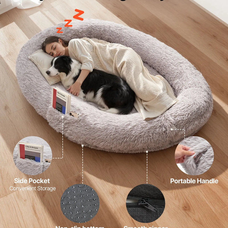VEVOR cilvēka izmēra suņu gulta, 171 × 100 × 24 cm ortopēdisks memory foam matracis, cilvēka izmēra gulta suņiem ar sānu kabatu, rokturi un rāvējslēdzēju, noņemamu un mazgājamu mašīnā, pelēkā krāsā.