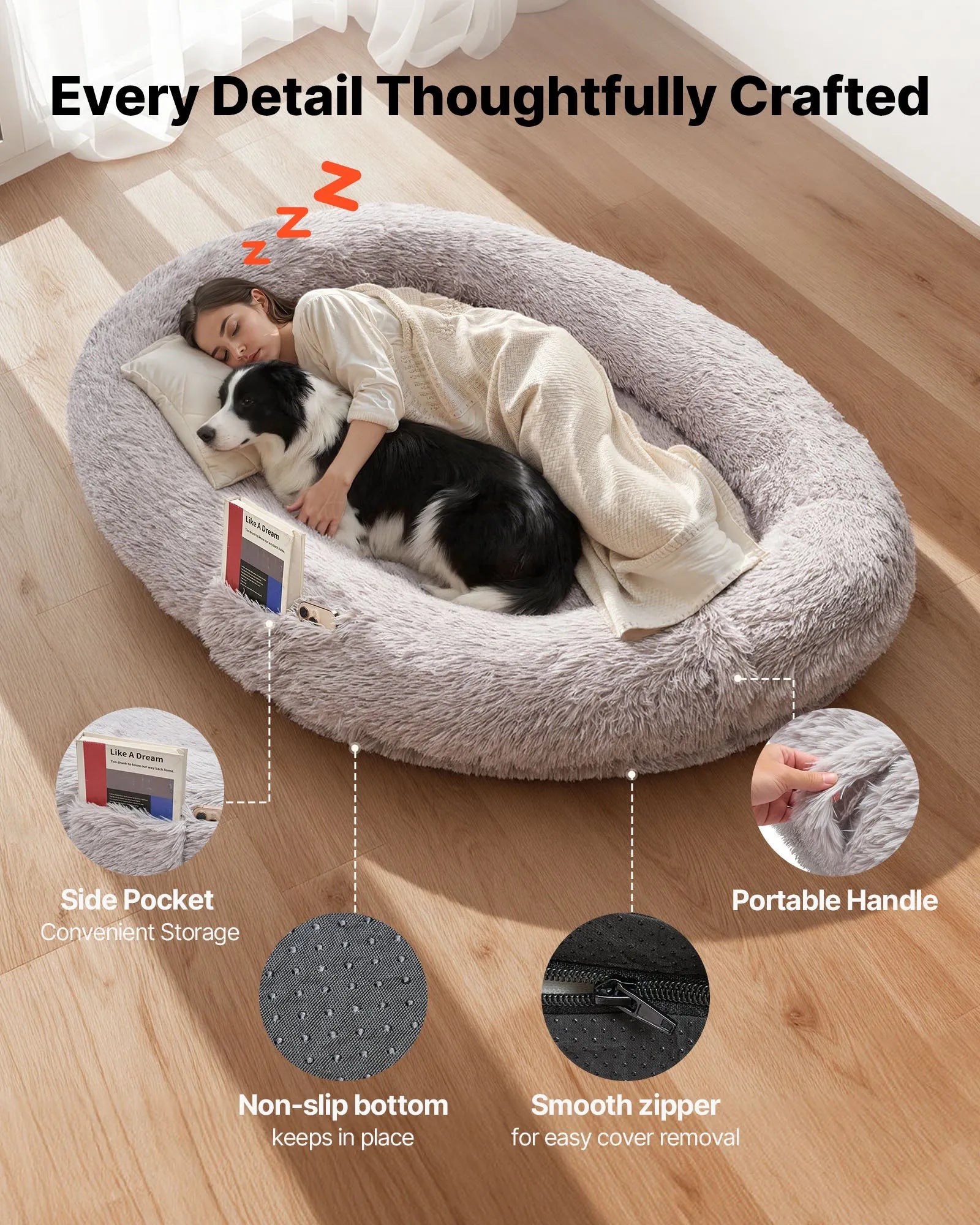 VEVOR cilvēka izmēra suņu gulta, 171 × 100 × 24 cm ortopēdisks memory foam matracis, cilvēka izmēra gulta suņiem ar sānu kabatu, rokturi un rāvējslēdzēju, noņemamu un mazgājamu mašīnā, pelēkā krāsā.