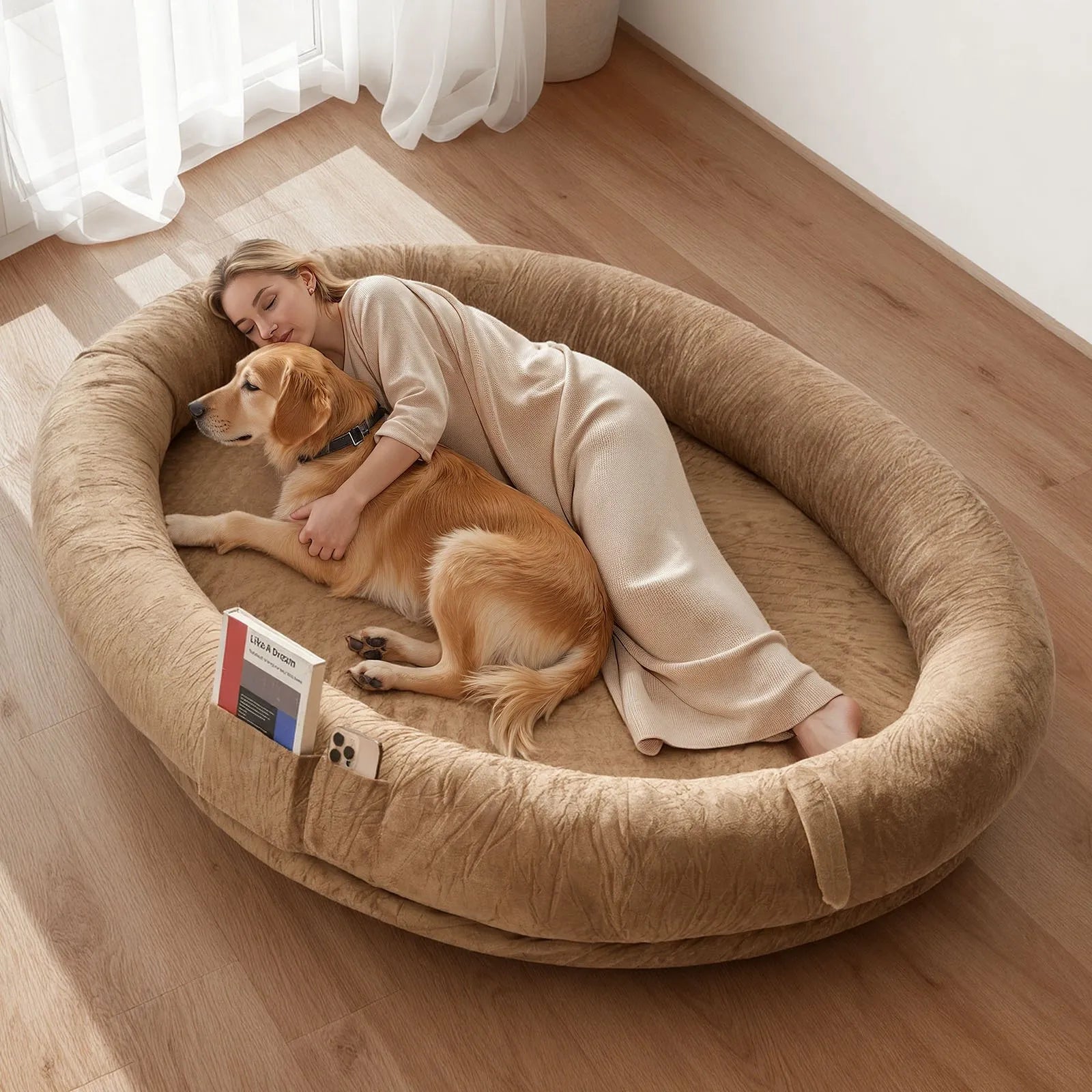 VEVOR cilvēka izmēra suņu gulta, 1770 × 1230 × 240 mm ortopēdisks memory foam matracis, cilvēka izmēra gulta suņiem ar sānu kabatu, rokturi un rāvējslēdzēju, noņemama un mazgājama mašīnā, brūnā krāsā.