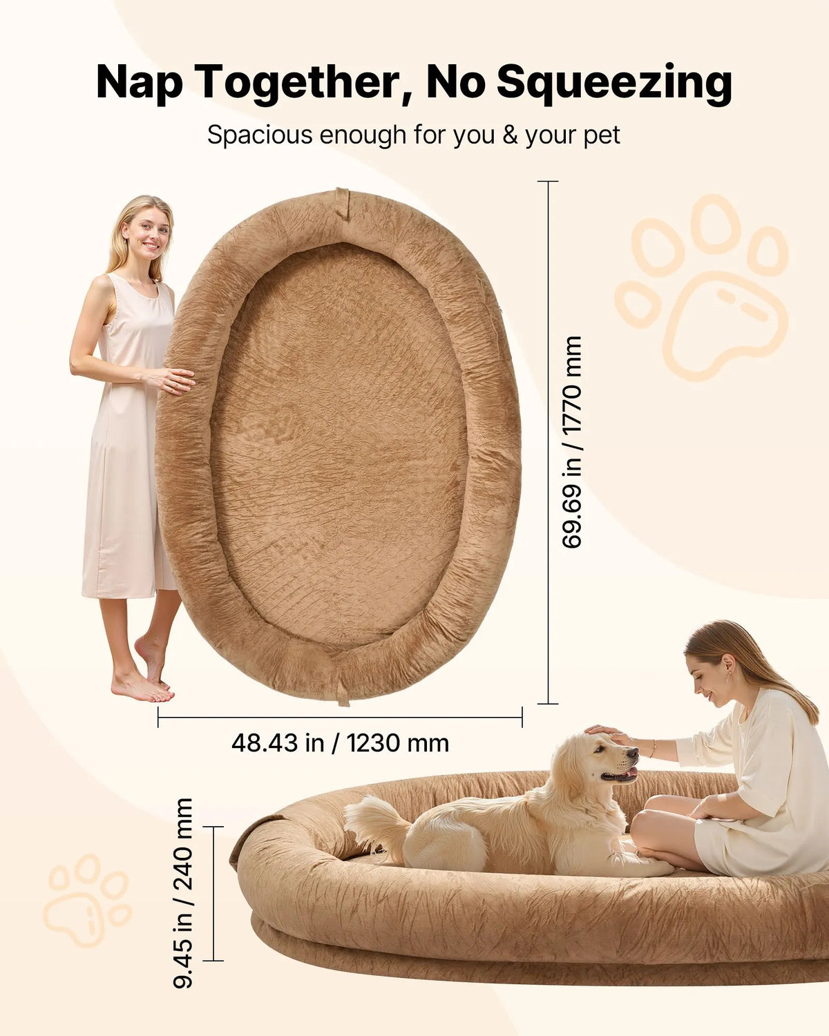 VEVOR cilvēka izmēra suņu gulta, 1770 × 1230 × 240 mm ortopēdisks memory foam matracis, cilvēka izmēra gulta suņiem ar sānu kabatu, rokturi un rāvējslēdzēju, noņemama un mazgājama mašīnā, brūnā krāsā.