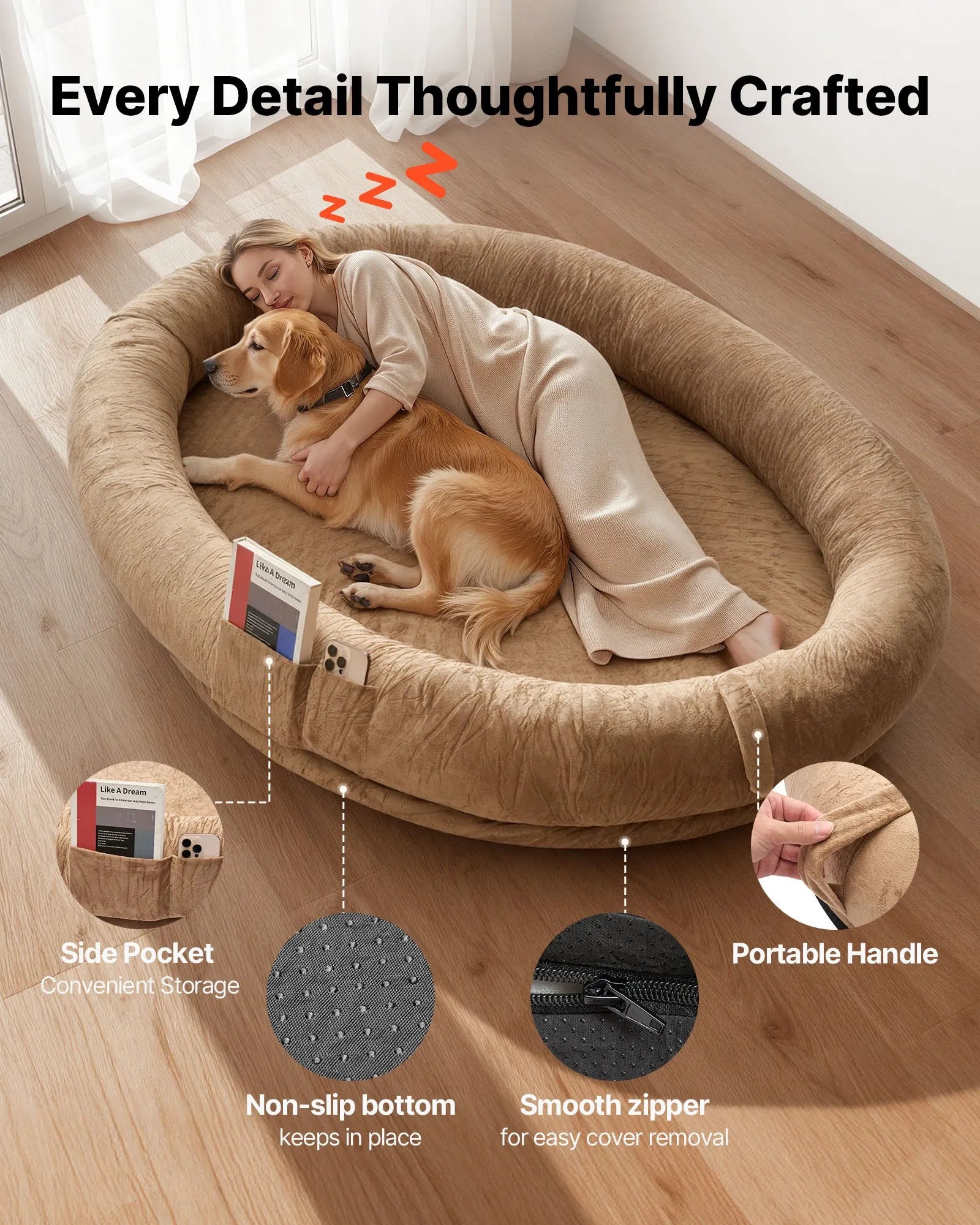 VEVOR cilvēka izmēra suņu gulta, 1770 × 1230 × 240 mm ortopēdisks memory foam matracis, cilvēka izmēra gulta suņiem ar sānu kabatu, rokturi un rāvējslēdzēju, noņemama un mazgājama mašīnā, brūnā krāsā.