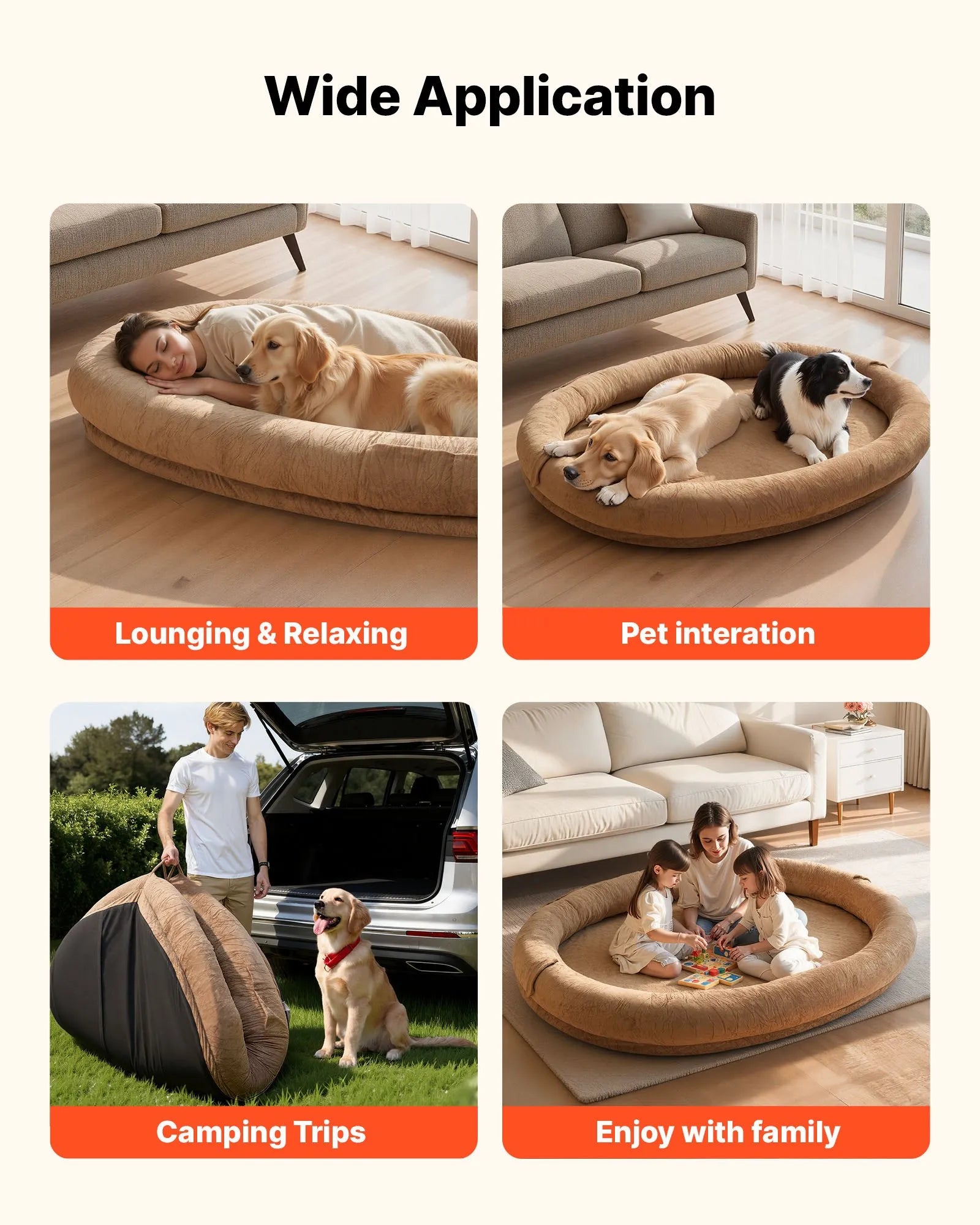 VEVOR cilvēka izmēra suņu gulta, 1770 × 1230 × 240 mm ortopēdisks memory foam matracis, cilvēka izmēra gulta suņiem ar sānu kabatu, rokturi un rāvējslēdzēju, noņemama un mazgājama mašīnā, brūnā krāsā.