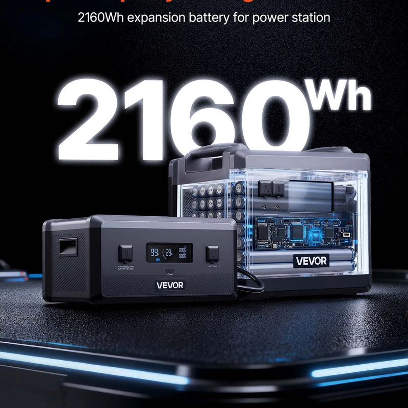 VEVOR papildu akumulators portatīvajai elektrostacijai, 2160 Wh LiFePO4 paplašināšanas akumulators ar 3 izejas pieslēgvietām lietošanai mājās, kempingā, ceļojumos un ārkārtas situācijās