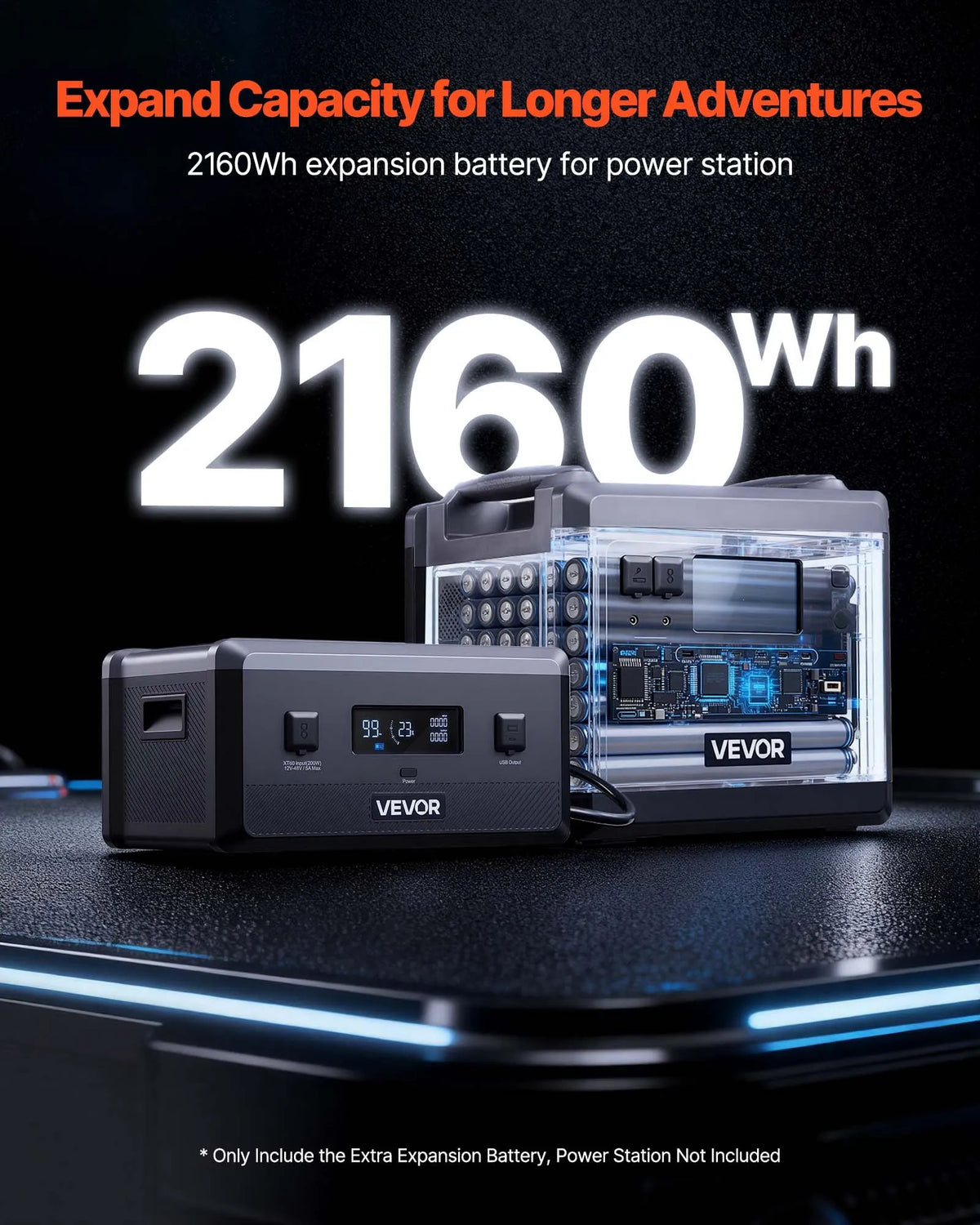 VEVOR papildu akumulators portatīvajai elektrostacijai, 2160 Wh LiFePO4 paplašināšanas akumulators ar 3 izejas pieslēgvietām lietošanai mājās, kempingā, ceļojumos un ārkārtas situācijās