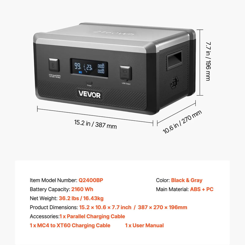 VEVOR papildu akumulators portatīvajai elektrostacijai, 2160 Wh LiFePO4 paplašināšanas akumulators ar 3 izejas pieslēgvietām lietošanai mājās, kempingā, ceļojumos un ārkārtas situācijās