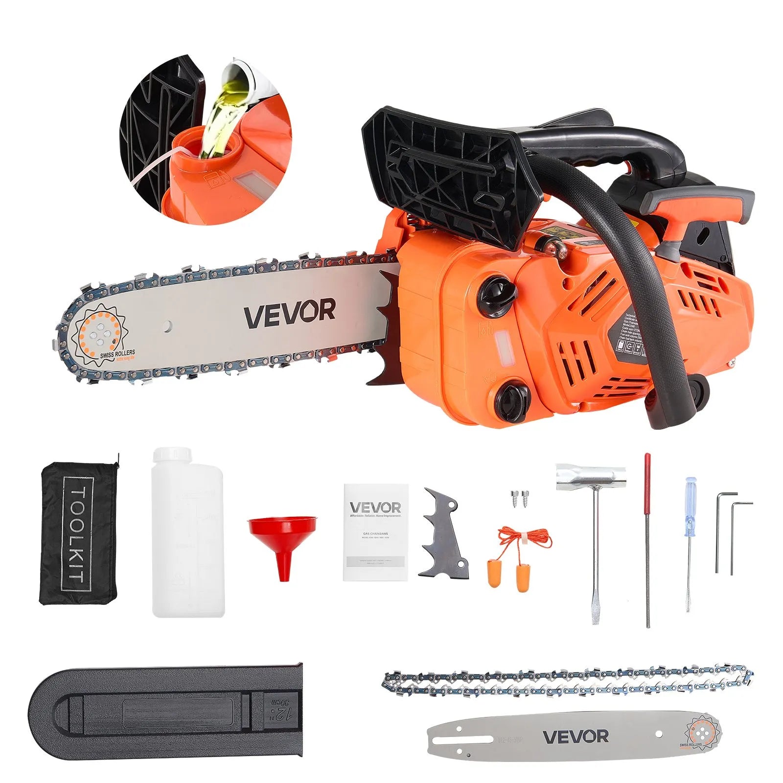VEVOR 25 cm³ gas-powered chainsaw with a 305 mm bar, 0.75 kW power, non-slip handle, two fuel tanks, for cutting wood, pruning trees, and clearing land