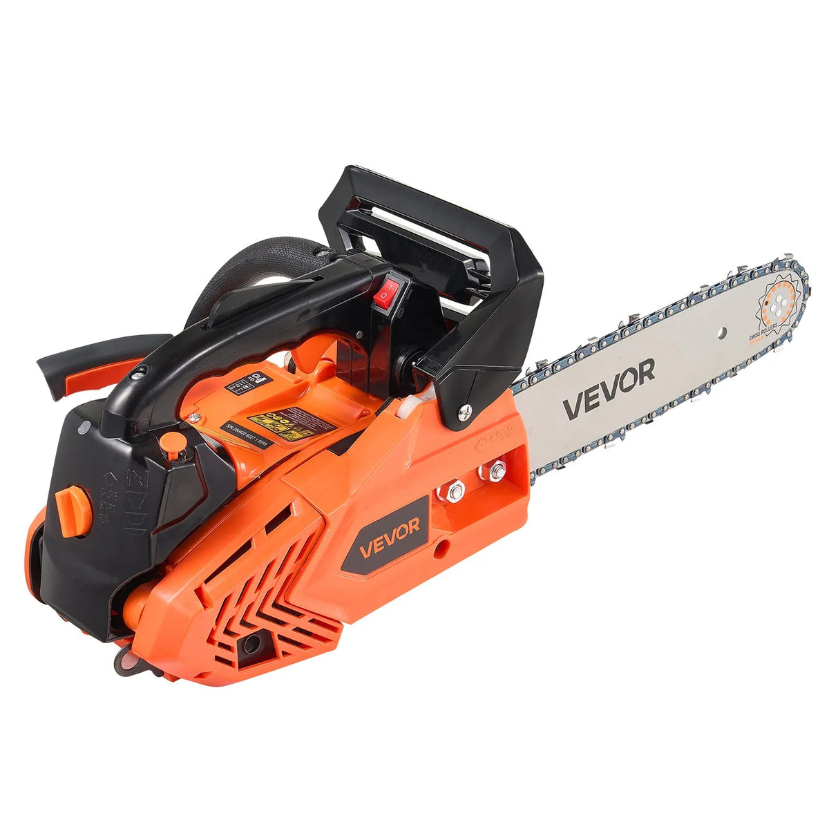 VEVOR 25 cm³ benzīna motorzāģis ar 305 mm sliedi, 0,75 kW jauda, neslīdošs rokturis, divas tvertnes, koksnes griešanai, koku apzāģēšanai un teritorijas attīrīšanai
