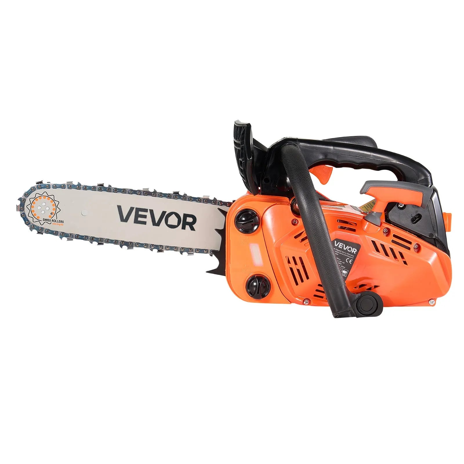 VEVOR 25 cm³ benzīna motorzāģis ar 305 mm sliedi, 0,75 kW jauda, neslīdošs rokturis, divas tvertnes, koksnes griešanai, koku apzāģēšanai un teritorijas attīrīšanai