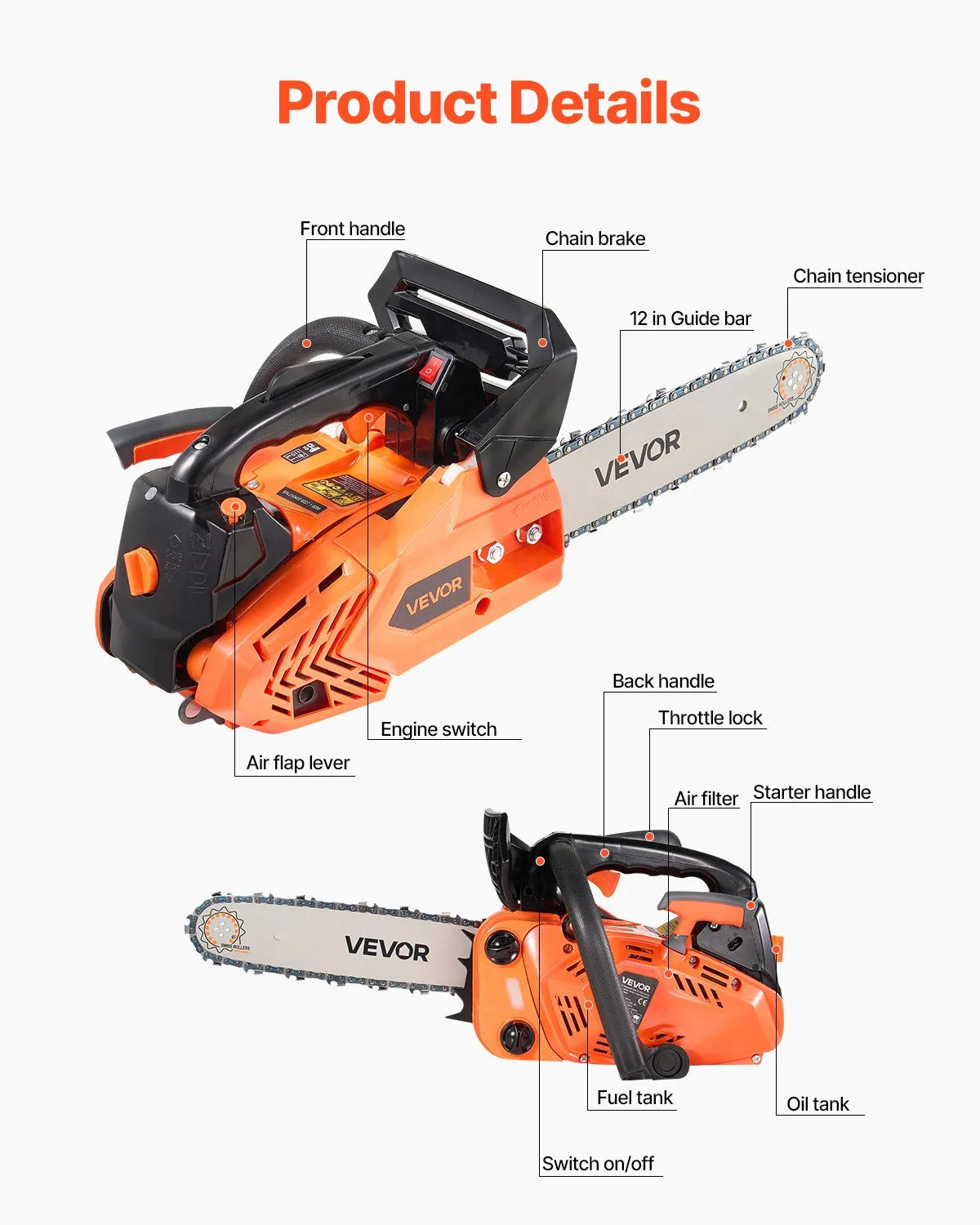 VEVOR 25 cm³ benzīna motorzāģis ar 305 mm sliedi, 0,75 kW jauda, neslīdošs rokturis, divas tvertnes, koksnes griešanai, koku apzāģēšanai un teritorijas attīrīšanai