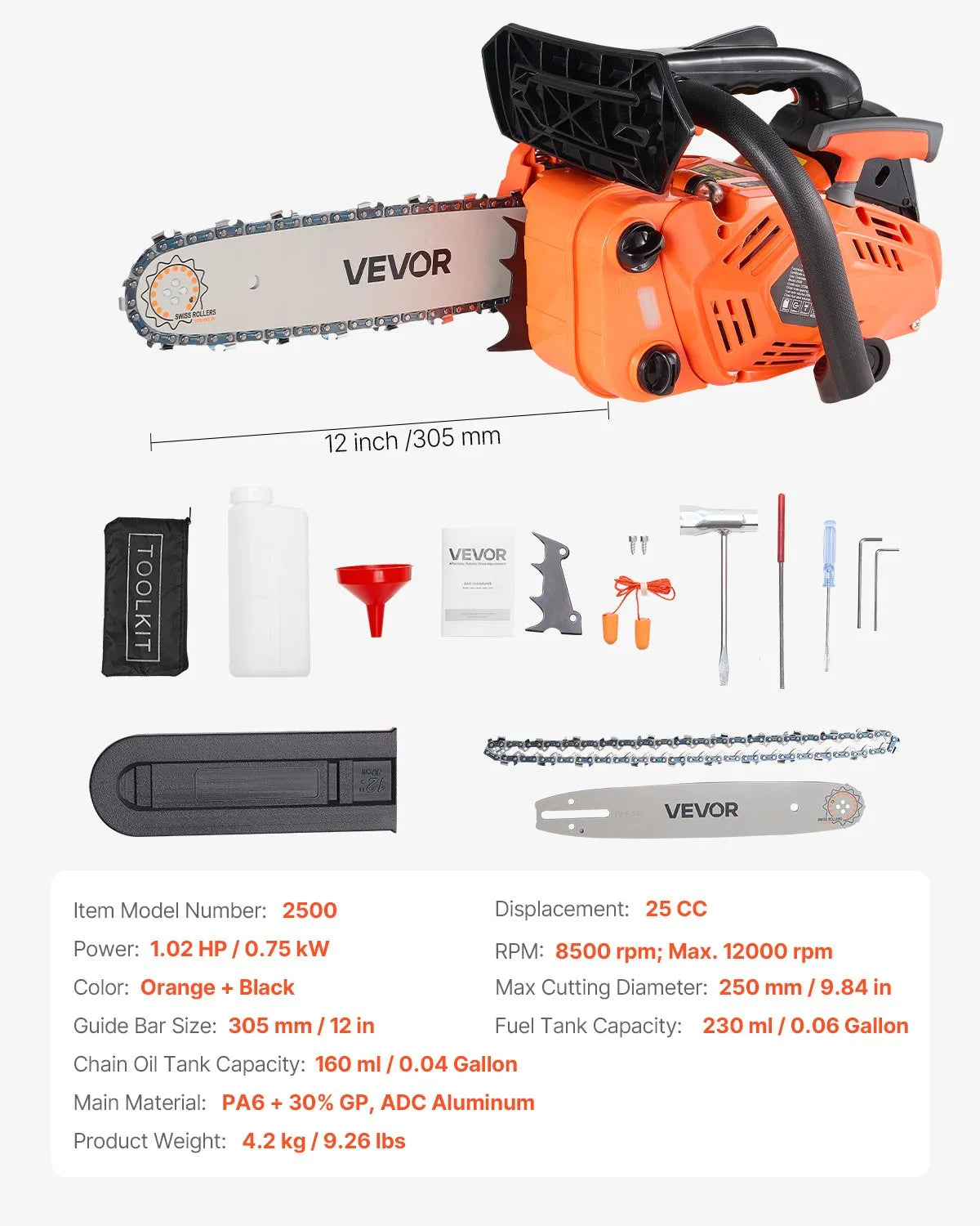 VEVOR 25 cm³ benzīna motorzāģis ar 305 mm sliedi, 0,75 kW jauda, neslīdošs rokturis, divas tvertnes, koksnes griešanai, koku apzāģēšanai un teritorijas attīrīšanai