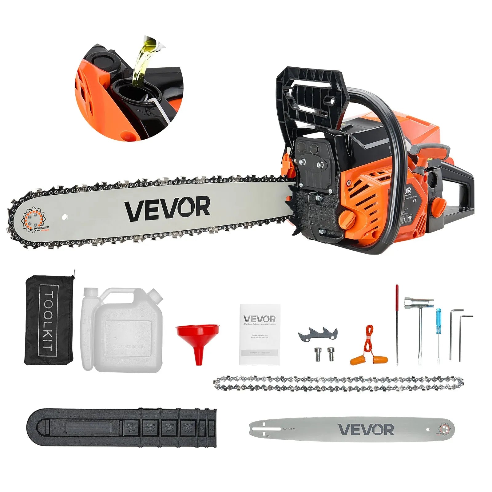 VEVOR 58 cm³ benzīna motorzāģis ar 508 mm sliedi, 2,7 ZS jauda, neslīdošs rokturis, divas tvertnes, koksnes griešanai, koku apzāģēšanai un teritorijas attīrīšanai