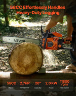 VEVOR 58 cm³ benzīna motorzāģis ar 508 mm sliedi, 2,7 ZS jauda, neslīdošs rokturis, divas tvertnes, koksnes griešanai, koku apzāģēšanai un teritorijas attīrīšanai