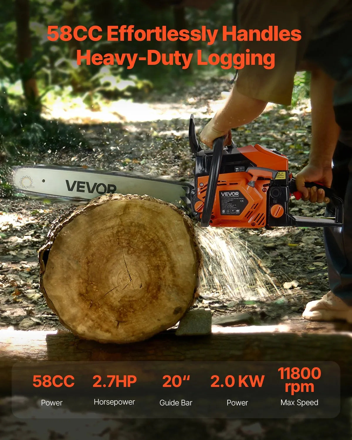 VEVOR 58 cm³ benzīna motorzāģis ar 508 mm sliedi, 2,7 ZS jauda, neslīdošs rokturis, divas tvertnes, koksnes griešanai, koku apzāģēšanai un teritorijas attīrīšanai