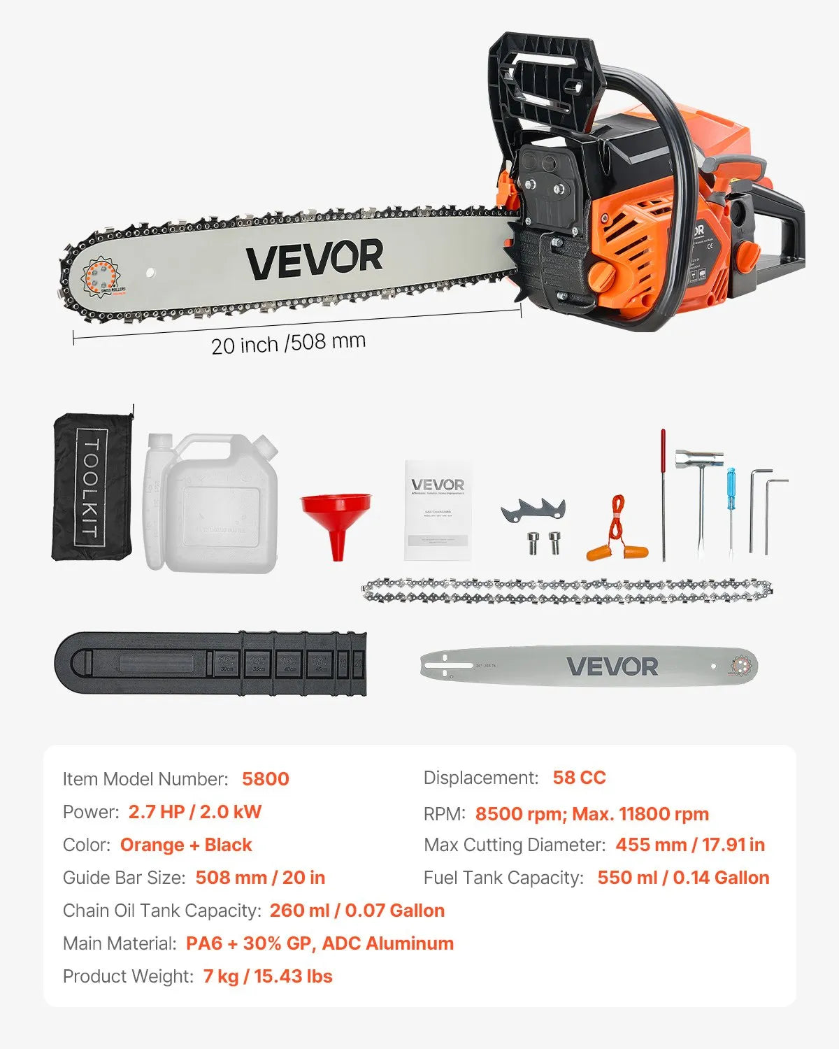 VEVOR 58 cm³ benzīna motorzāģis ar 508 mm sliedi, 2,7 ZS jauda, neslīdošs rokturis, divas tvertnes, koksnes griešanai, koku apzāģēšanai un teritorijas attīrīšanai