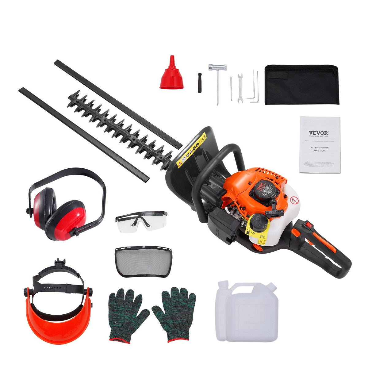 VEVOR rokas benzīna dzīvžogu trimmeris, 26 cm³ 2-taktu dzinējs, 590 mm asmens ar divpusēju, divvirzienu griešanas sistēmu, 180° regulējama griešanas galva, piemērots krūmu un zemāku dzīvžogu apgriešanai