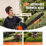 VEVOR rokas benzīna dzīvžogu trimmeris, 26 cm³ 2-taktu dzinējs, 590 mm asmens ar divpusēju, divvirzienu griešanas sistēmu, 180° regulējama griešanas galva, piemērots krūmu un zemāku dzīvžogu apgriešanai