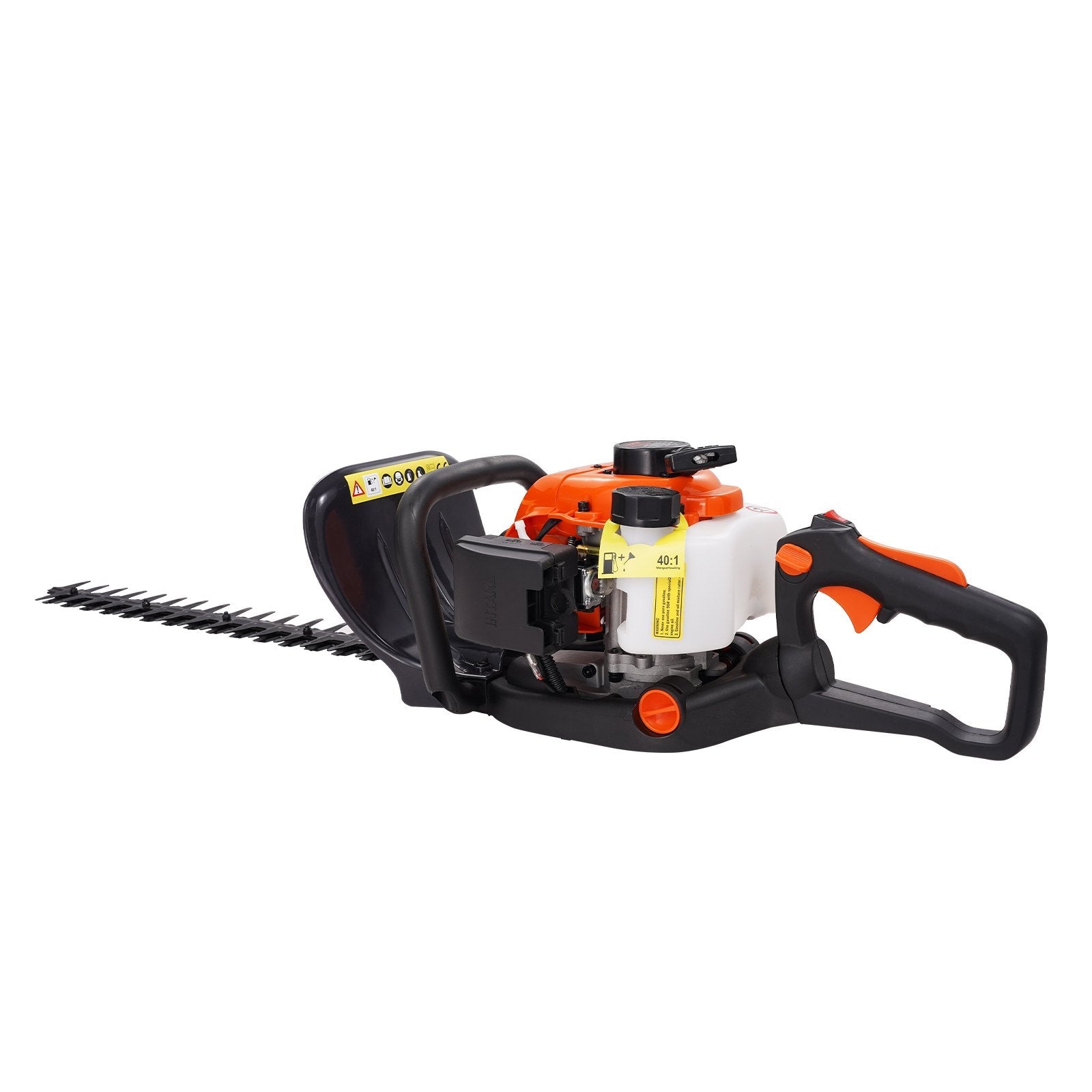 VEVOR rokas benzīna dzīvžogu trimmeris, 26 cm³ 2-taktu dzinējs, 590 mm asmens ar divpusēju, divvirzienu griešanas sistēmu, 180° regulējama griešanas galva, piemērots krūmu un zemāku dzīvžogu apgriešanai