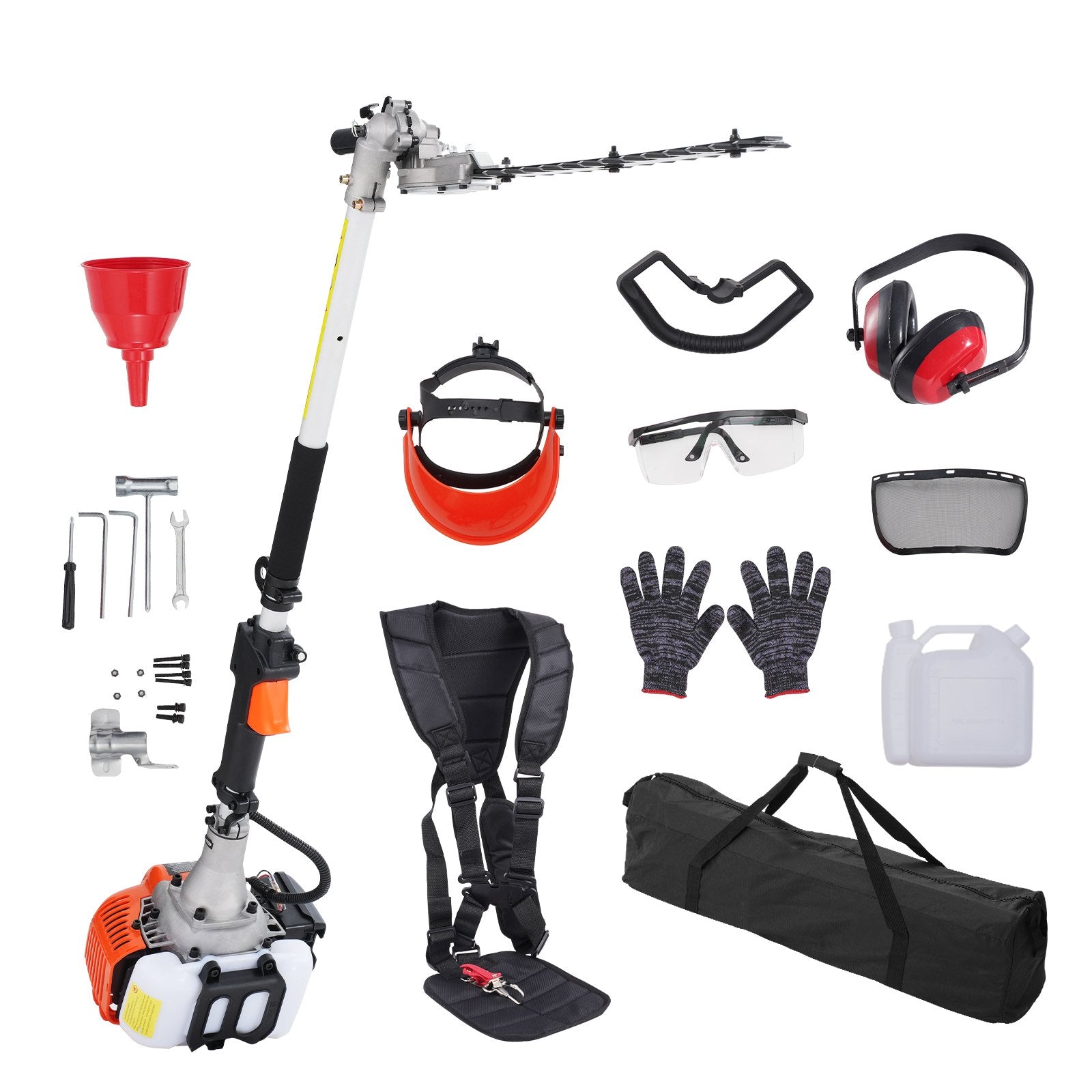 VEVOR benzīna dzīvžogu trimmeris, 26 cm³ 2-taktu dzinējs, 400 mm asmens ar divpusēju, divvirzienu griešanas sistēmu, 270° regulējama griešanas galva, piemērots krūmu un dzīvžogu apgriešanai