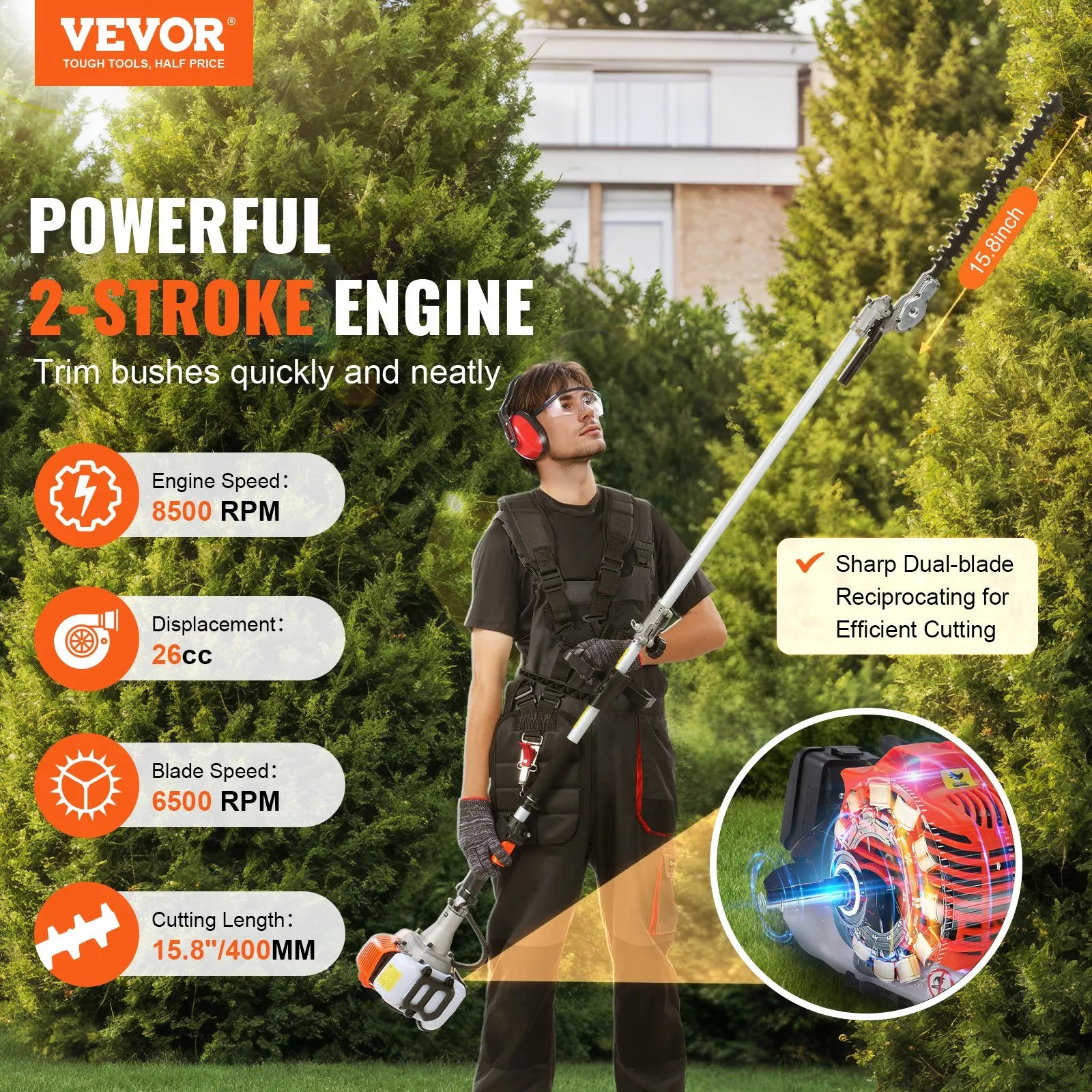 VEVOR 400 mm 26 cm³ divtaktu benzīna dzīvžogu griezējs ar divpusēju pretējas kustības asmeni, 270° regulējamu griešanas galvu, piemērots krūmu un dzīvžogu apgriešanai