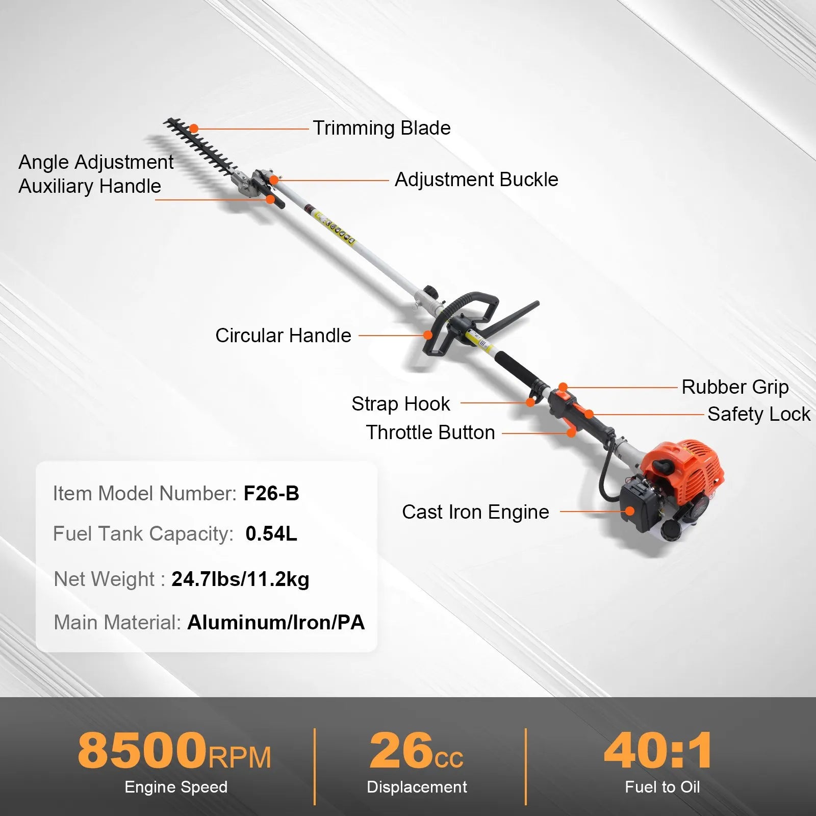 VEVOR 400 mm 26 cm³ divtaktu benzīna dzīvžogu griezējs ar divpusēju pretējas kustības asmeni, 270° regulējamu griešanas galvu, piemērots krūmu un dzīvžogu apgriešanai