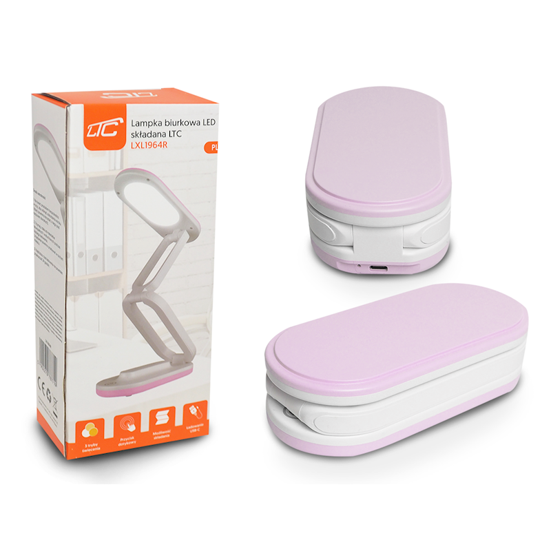 Foldable LED table lamp 10W, 3000k/4500k/6000K, 1200mAh, pink, LTC