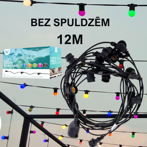 12m long string, designed for 10 bulbs (bulbs not included) maximum 300W load, IP65, can connect up to 10 strings in a string