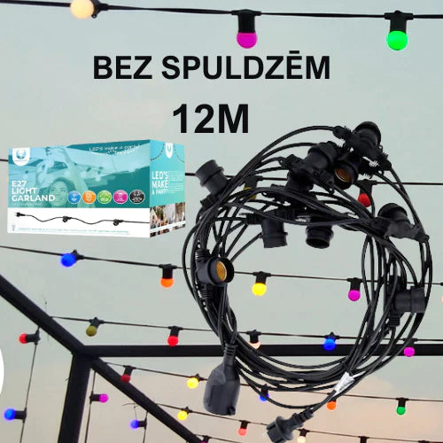 12m E27 light string with 10 included bulbs 4W LED filament ST64,2200K, 1m x10 plinths, waterproof IP65, AC220-240V, 1.4kg, black, with 220V socket at the end and plug at the beginning, can be connected in series