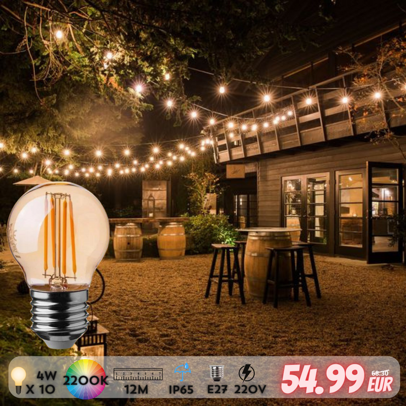 12m E27 light string with 10 included bulbs 4W LED filament G45,2200K, 1m x10 plinths, waterproof IP65, AC220-240V, 1.4kg, black, with 220V socket at the end and plug at the beginning, can be connected in series