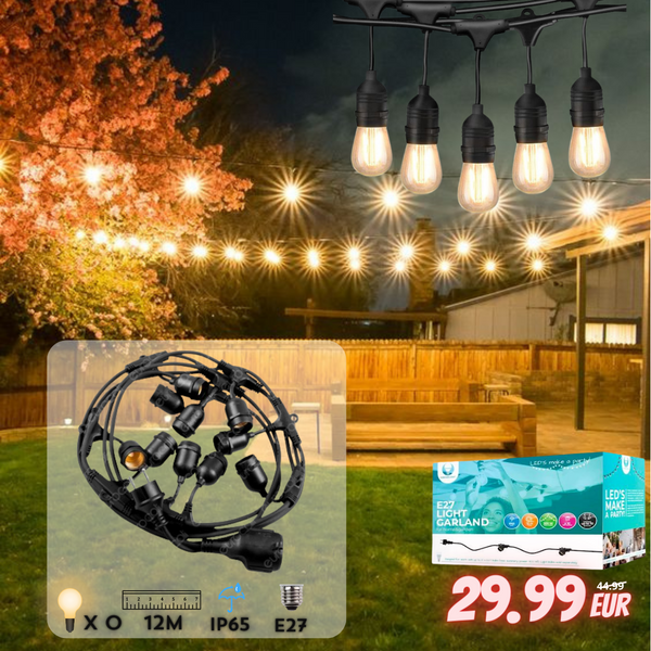 12m long string, designed for 10 bulbs (bulbs not included) maximum 300W load, IP65, can connect up to 10 strings in a string