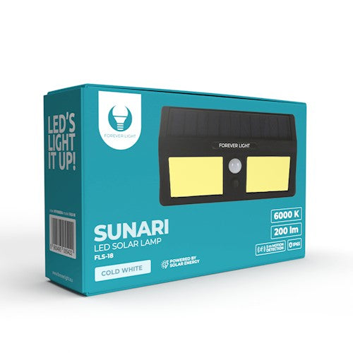 SUNARI Solar LED FLS-18 COB PIR 3W 200lm 800mAh Li-Ion för evigt ljus