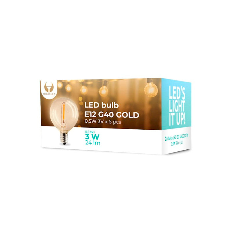 E12 LED-lampaG40 0,5W 3V 24lm guld Forever Light 6st.