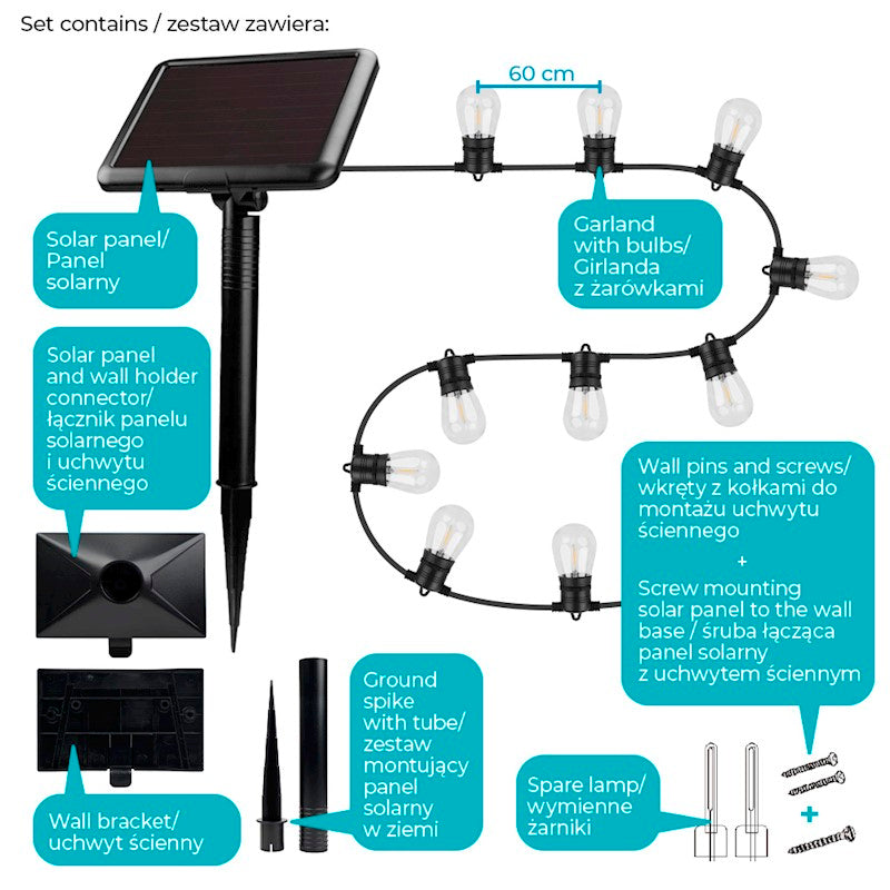 LED solārā virtene SUNARI, 7.5 m, 10 spuldzes, IP44
