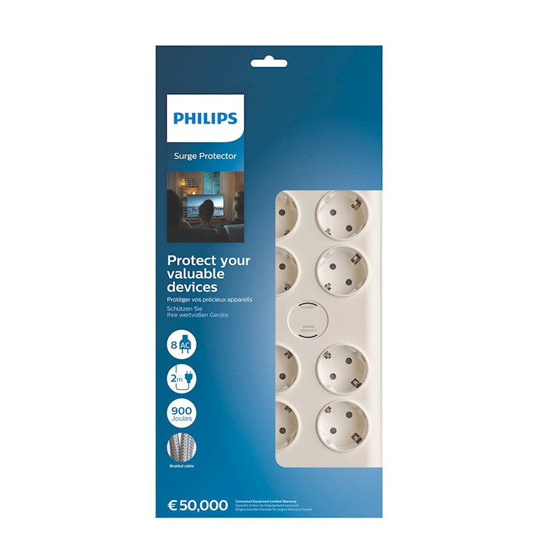 PHILIPS Overload-proof extension cord, 8 Schuko sockets, 2 m, 16 A, black