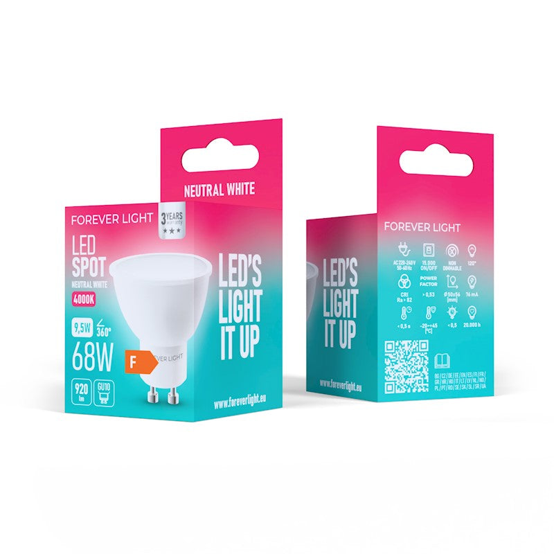 GU10 9.5W(920Lm) LED spuldze, IP20, F, neitrāli balta gaisma 4000K
