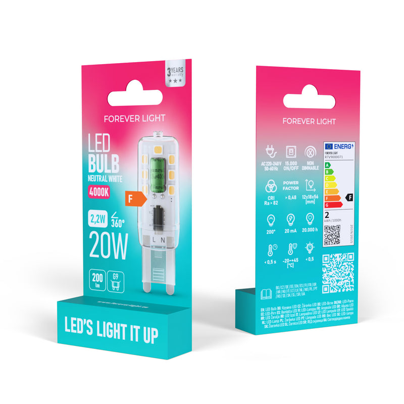 G9 2.2W(200Lm) LED spuldze, IP20, F, neitrālibalta gaisma 4000K
