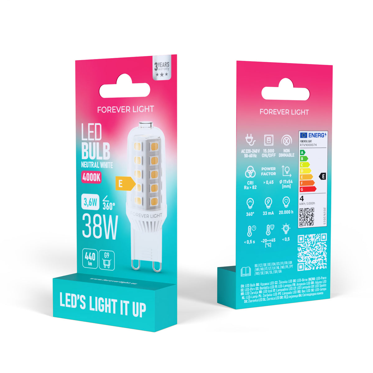 G9 3.6W(440Lm) LED spuldze, IP20, F, neitrālibalta gaisma 4000K