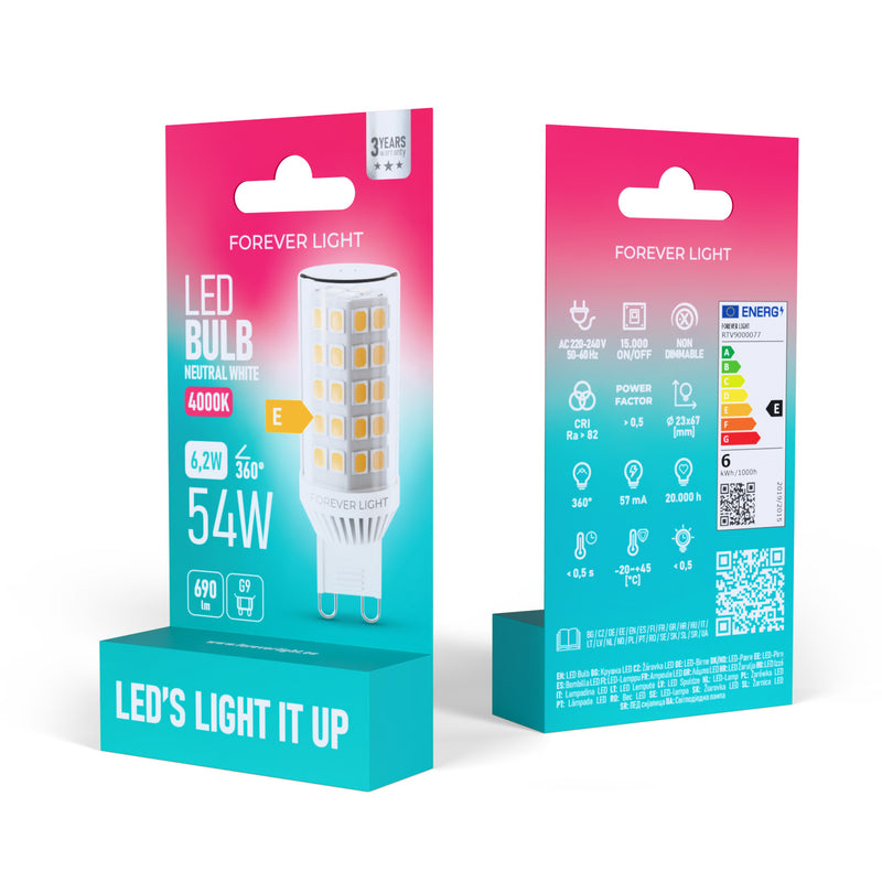 G9 6.2W(690Lm) LED spuldze, IP20, E, neitrāli balta gaisma 4000K