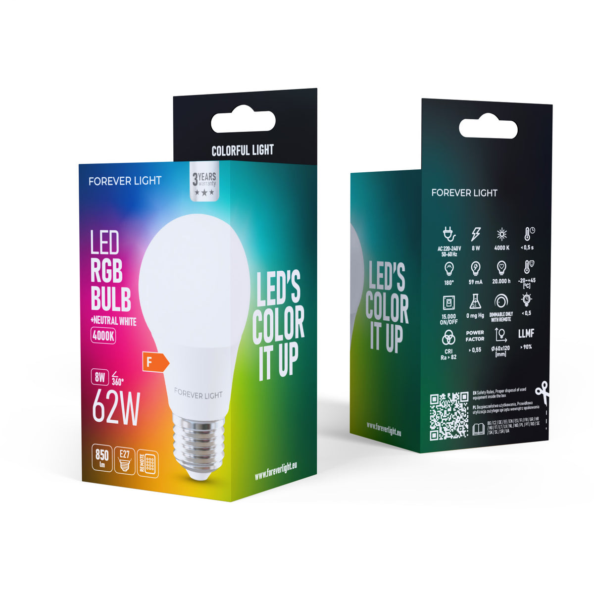 E27 8W(850Lm) Forever Light A60 RGB LED spuldze ar pulti, 4000K, F klase