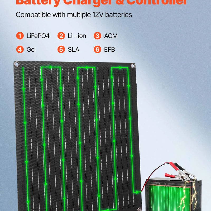 VEVOR 30 W 12 V saules paneļa akumulatora lādētājs, uzturošās uzlādes saules lādētājs ar iebūvētu viedo kontrolieri un 3 pieslēguma kabeļiem, IP67 ūdensizturīgs, pārnēsājams kemperiem, automašīnām, motocikliem, laivām un furgoniem