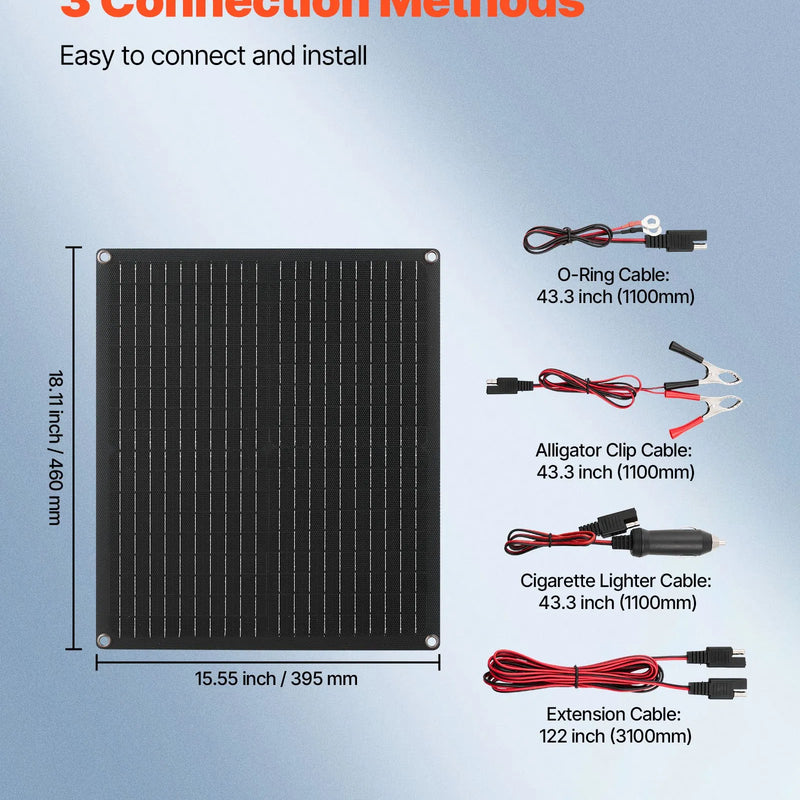 VEVOR 30 W 12 V saules paneļa akumulatora lādētājs, uzturošās uzlādes saules lādētājs ar iebūvētu viedo kontrolieri un 3 pieslēguma kabeļiem, IP67 ūdensizturīgs, pārnēsājams kemperiem, automašīnām, motocikliem, laivām un furgoniem