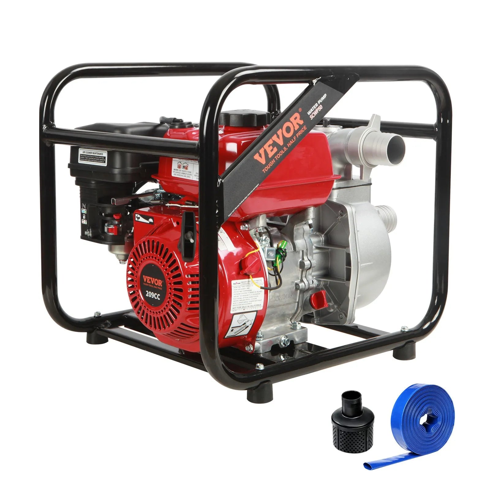 VEVOR 4-taktu benzīna ūdens sūknis, 51 mm ieplūde/izplūde, 5 kW (7 ZS), 537 l/min plūsma, 45 m pacēlums, 6,7 m sūkšana, pārnēsājams augstspiediena sūknis ar 7,6 m šļūteni apūdeņošanai un baseiniem, EPA sertificēts