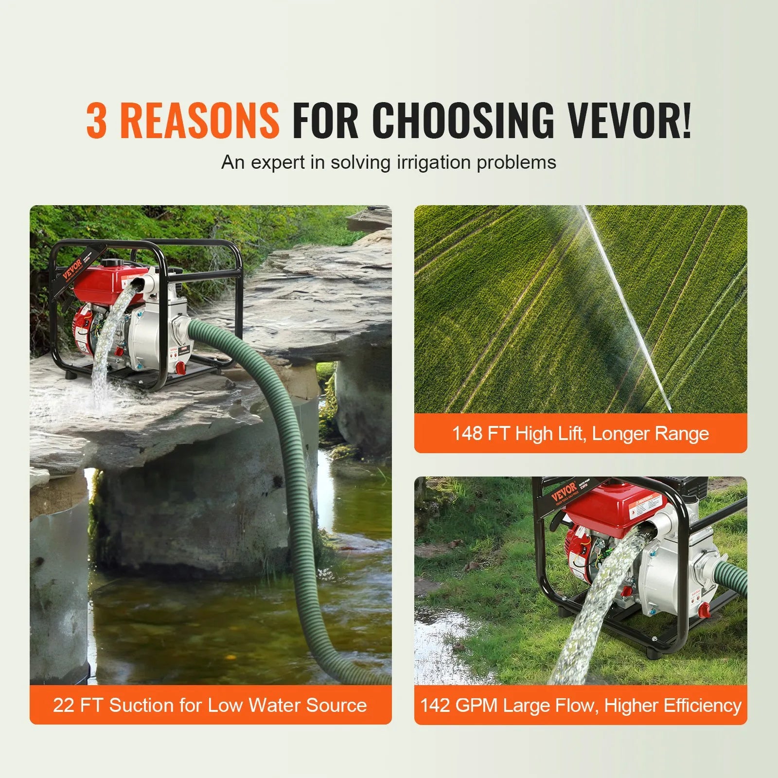 VEVOR 4-taktu benzīna ūdens sūknis, 51 mm ieplūde/izplūde, 5 kW (7 ZS), 537 l/min plūsma, 45 m pacēlums, 6,7 m sūkšana, pārnēsājams augstspiediena sūknis ar 7,6 m šļūteni apūdeņošanai un baseiniem, EPA sertificēts