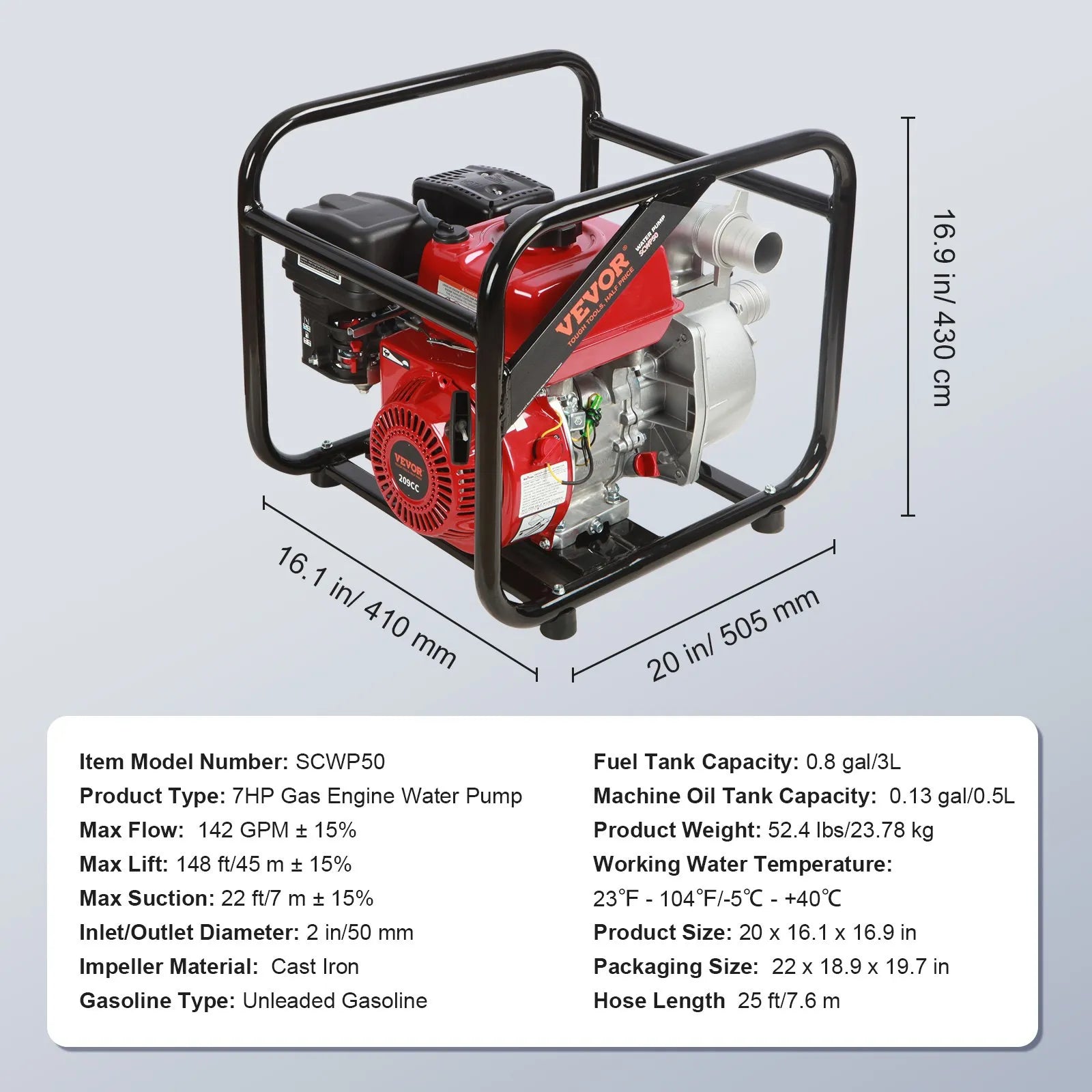 VEVOR 4-taktu benzīna ūdens sūknis, 51 mm ieplūde/izplūde, 5 kW (7 ZS), 537 l/min plūsma, 45 m pacēlums, 6,7 m sūkšana, pārnēsājams augstspiediena sūknis ar 7,6 m šļūteni apūdeņošanai un baseiniem, EPA sertificēts