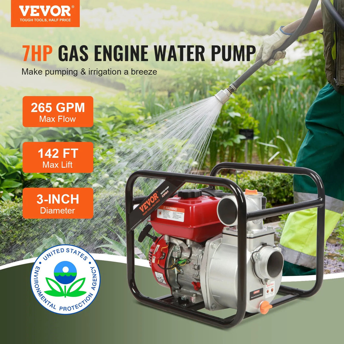 VEVOR 4-taktu benzīna ūdens sūknis, 7,6 cm ieplūde/izplūde, 5,2 kW (7 ZS), 1003,5 l/min plūsma, 43,3 m pacēlums, 6,7 m sūkšana, ar 7,6 m šļūteni apūdeņošanai un baseinu ūdens maiņai, EPA sertificēts