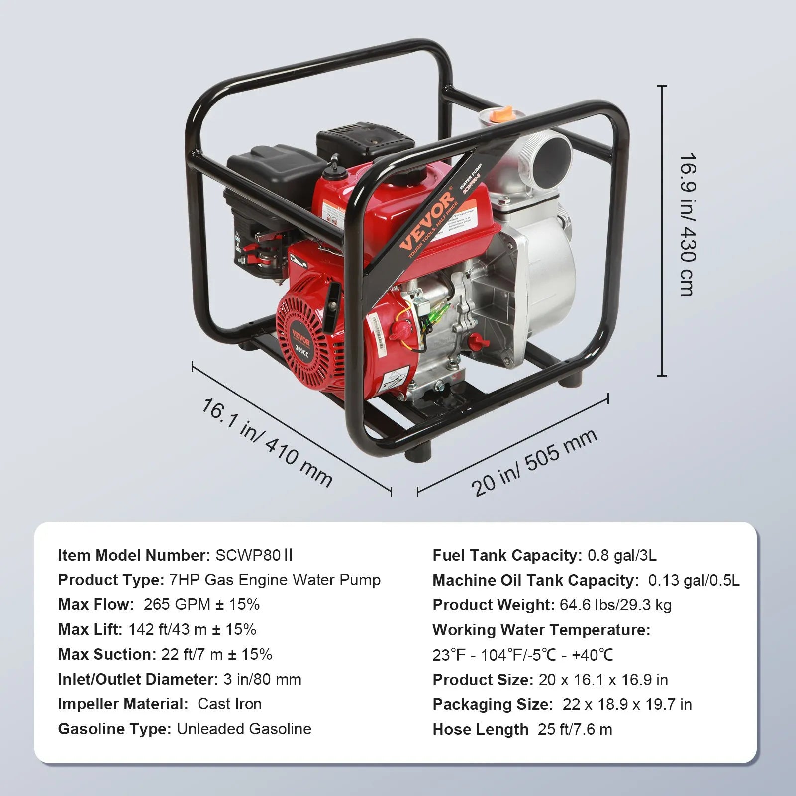 VEVOR 4-taktu benzīna ūdens sūknis, 7,6 cm ieplūde/izplūde, 5,2 kW (7 ZS), 1003,5 l/min plūsma, 43,3 m pacēlums, 6,7 m sūkšana, ar 7,6 m šļūteni apūdeņošanai un baseinu ūdens maiņai, EPA sertificēts