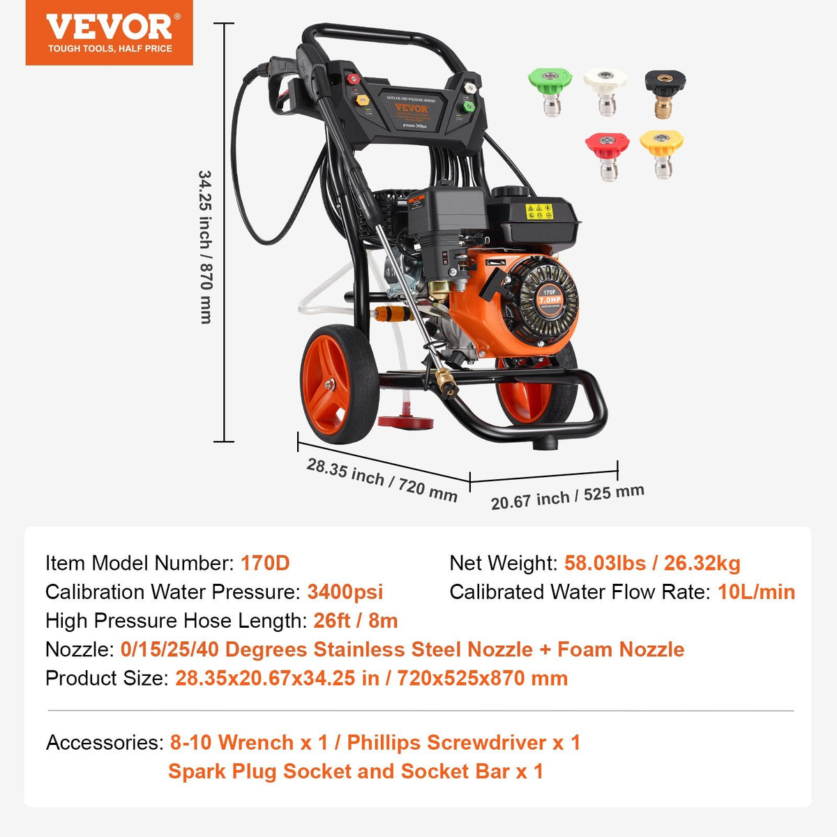 VEVOR benzīna augstspiediena mazgātājs, 3400 PSI, 9,8 l/min, ar 5 sprauslu komplektu automašīnām, vertikāls
