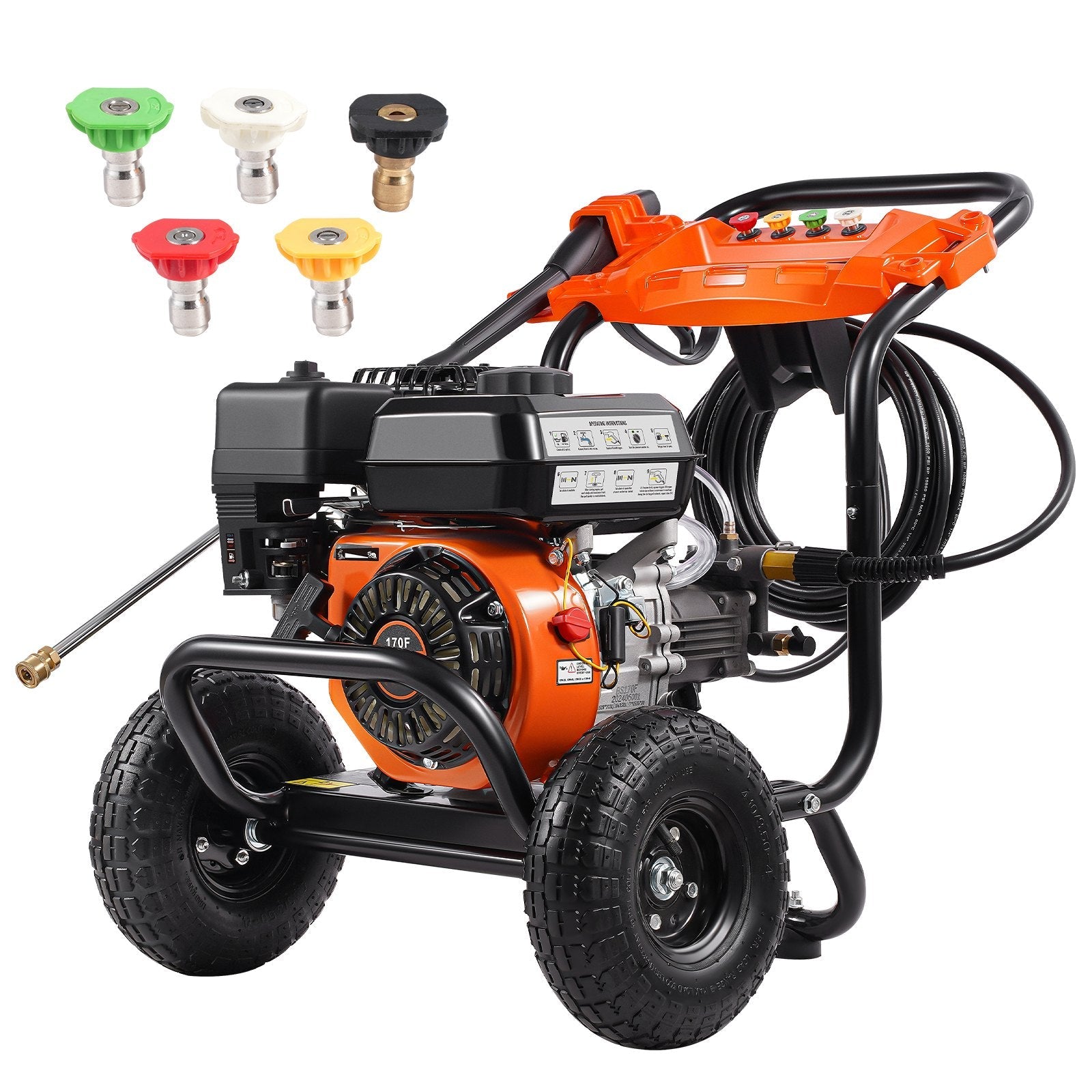 VEVOR benzīna augstspiediena mazgātājs, 3500 PSI, 10 l/min, 2,6 GPM, ar 5 sprauslu komplektu automašīnām