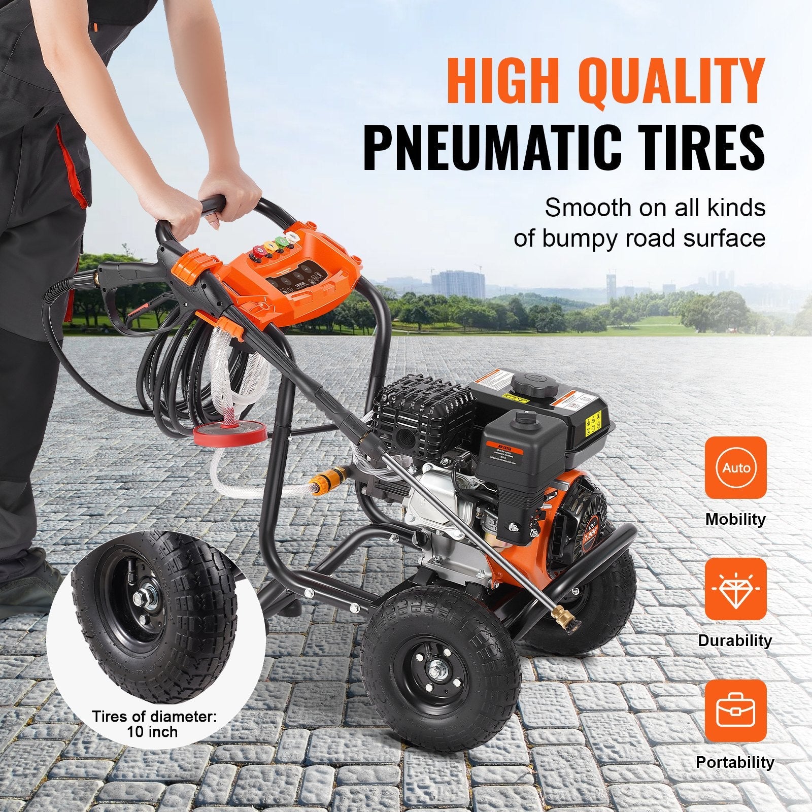 VEVOR benzīna augstspiediena mazgātājs, 3500 PSI, 10 l/min, 2,6 GPM, ar 5 sprauslu komplektu automašīnām