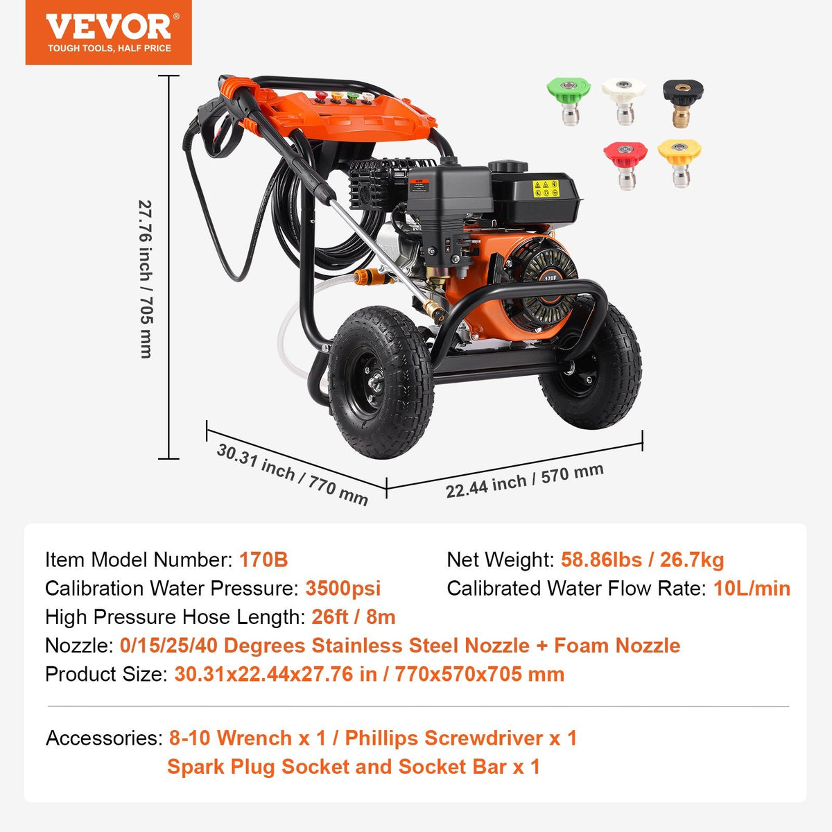 VEVOR benzīna augstspiediena mazgātājs, 3500 PSI, 10 l/min, 2,6 GPM, ar 5 sprauslu komplektu automašīnām