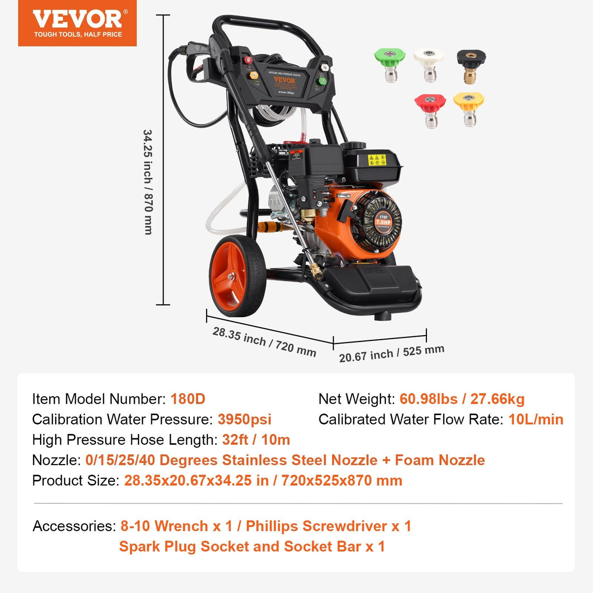 VEVOR Benzīna augstspiediena mazgātājs 3950 PSI, 10 l/min, 2,6 GPM ar 5 sprauslu komplektu automašīnām